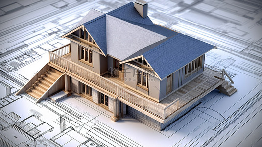 木质表面上的房屋蓝图，具有 3D 渲染