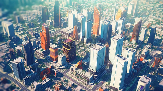 未来智能城市是一个低聚技术大城市，鸟瞰图，融合了城市和技术概念 3D 渲染