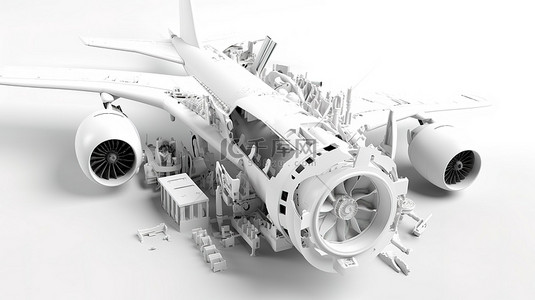 白色飞机在 3D 渲染中被解剖，白色背景上有机器零件