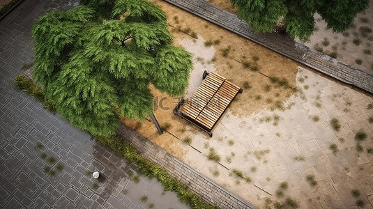 雨季 3D 鸟瞰公园，配有木凳和石路