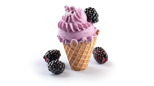 精致细致的黑莓冰淇淋在脆皮华夫饼锥上隔离在白色背景 3D 渲染上