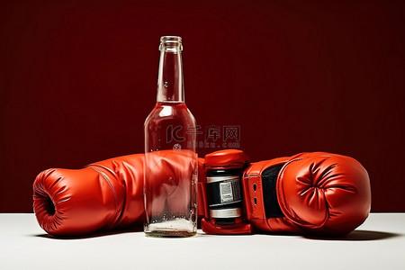 红色的手套背景图片_三只红色拳击手套和一瓶水