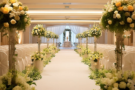 中央扶手背景图片_婚礼场地中央用鲜花装饰