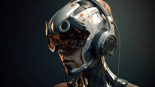 3D 渲染中的女性机器人运动护目镜或耳机