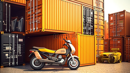 港口拖车背景图片_悬挂式集装箱，配有拖车和踏板车，是未来派 3D 商业概念