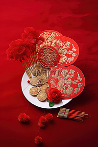 红色的筷子背景图片_一个年糕一根筷子和红色装饰品