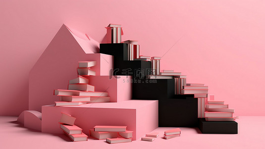 阶梯形书堆，带有毕业帽，3D 渲染象征着粉红色背景下的成功
