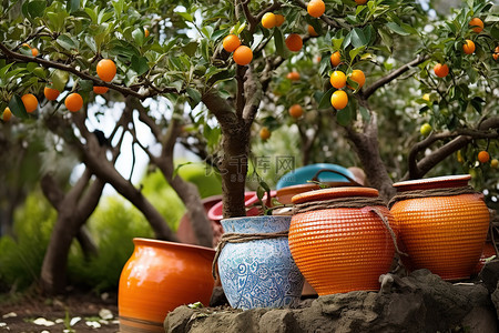 果德背景图片_橘子树上有篮子的彩色陶瓷