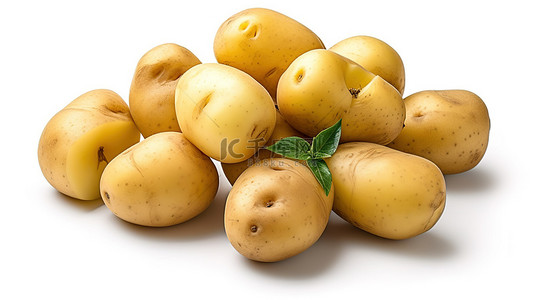 土豆植物背景图片_单一马铃薯特写视图，在白色背景上隔离单一蔬菜，并带有剪切路径 3D 渲染