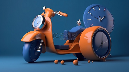 蓝色和橙色闹钟和滑板车的快速交付 3d 渲染