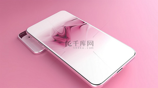 全屏科技背景图片_粉红色背景在 3D 渲染中展示了白色智能手机的全屏