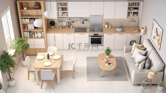 室内家居平面背景图片_3D 工作室的顶视图，配有柔和的浅色调现代平面厨房