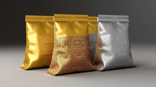 零食袋背景图片_可可糖的优质香袋包装和更多闪闪发光的 3D 金棒模型