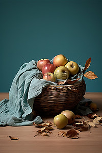 苹果梨背景图片_桌上放着苹果和树叶的篮子