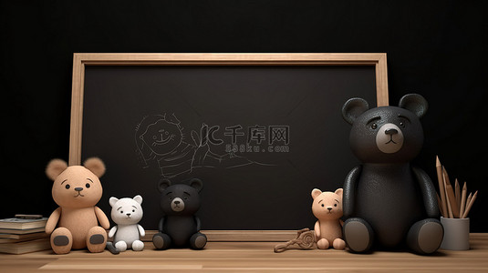 班板背景图片_猫熊玩偶栖息在木桌上的 3d 黑板上