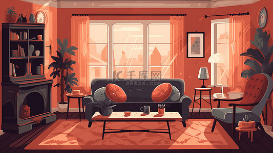 仿真沙发背景图片_客厅沙发书柜红色