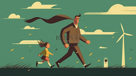 可爱卡通教育背景图片_父女跑步父亲节绿色扁平风背景