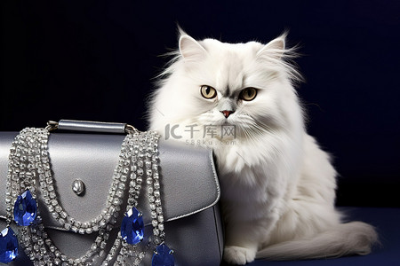 白猫坐在一个装有其他水晶的蓝色钱包旁边