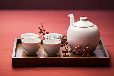 红茶杯背景图片_托盘中的传统中国茶壶，配有茶杯