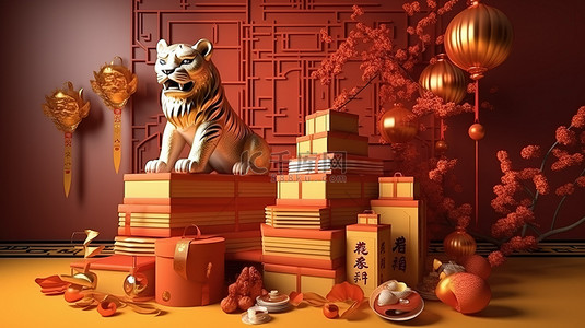 书法中背景图片_庆祝虎年 3d 渲染的老虎和讲台被财富和礼物包围，还有书法文字