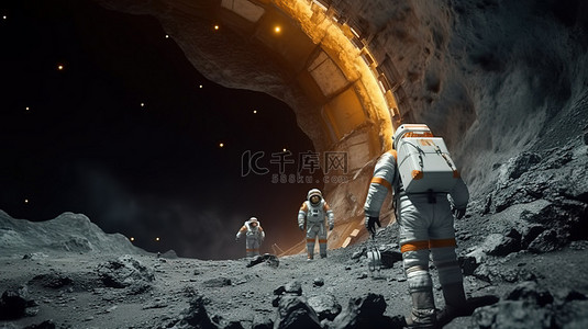 宇航员在小行星上调查宇宙飞船的 3D 渲染