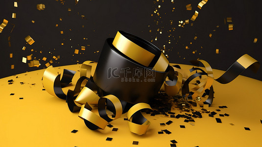 金色丝带装饰着充满活力的黄色背景上的黑色礼物，具有 3D 五彩纸屑效果