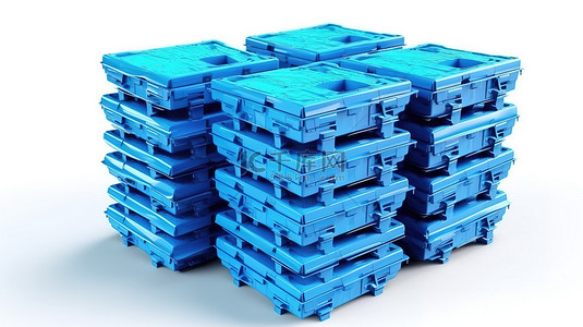 蓝色工业背景图片_在白色背景下的 3D 渲染图像中堆叠蓝色塑料托盘