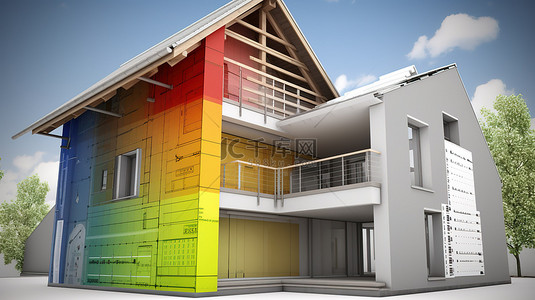 能源效率图表伴随着根据蓝图建造的房屋的 3D 渲染