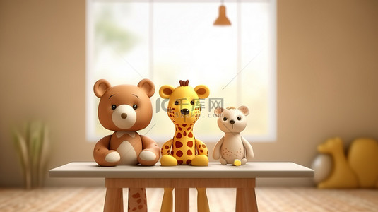 有趣的房间环境中熊和长颈鹿娃娃的 3D 渲染