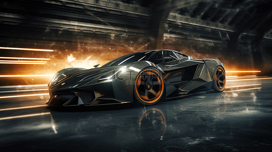 未来派黑色跑车高速概念与 3D 插图中的垃圾覆盖
