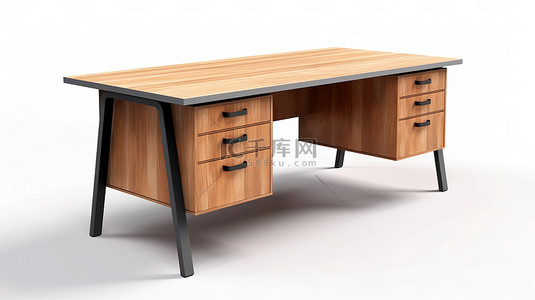 时尚宽敞的木桌，带抽屉，位于现代办公环境 3D 渲染中