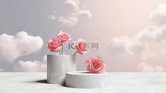 悬浮导航背景图片_几何讲台悬浮在粉红色玫瑰花中，抽象背景中带有卡通云彩，灰色背景 3D 渲染图像，具有充足的复制空间
