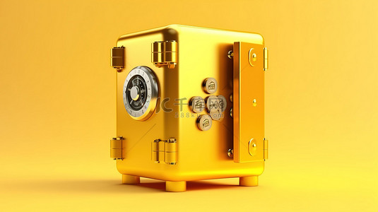 用黄色背景 3D 渲染上闪闪发光的金色保险箱保护您的贵重物品