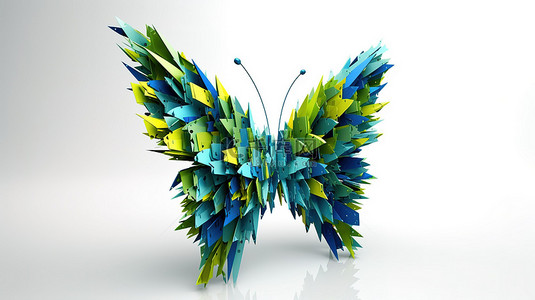干净的白墙上彩色蝴蝶的 3D 弹出图形艺术