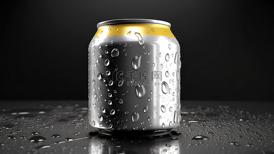 3d 渲染铝制啤酒罐，水滴清爽饮料