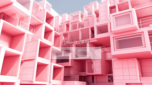 具有抽象粉红色几何建筑和块图案的现代建筑立面的 3D 渲染