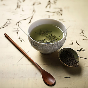 中文文字旁边的白色和绿色茶杯和勺子
