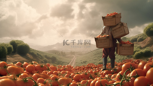 农业蔬菜背景图片_园丁拖运新鲜西红柿箱的 3D 渲染