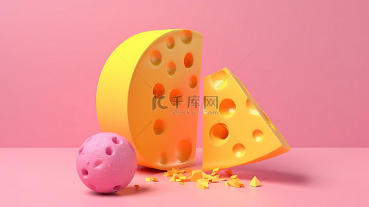 用于烹饪的奶酪片的 3d 渲染，在带有柔和粉红色背景的白色圆形底座上