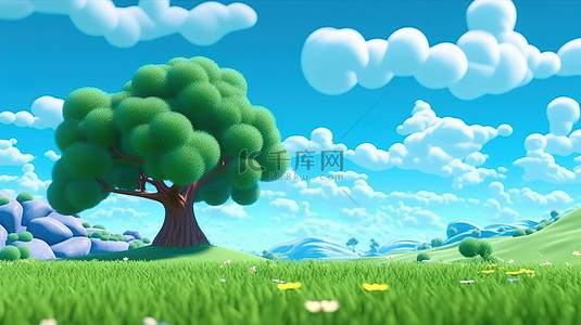 天空辉煌背景图片_郁郁葱葱的田野中一棵雄伟的树的大自然的辉煌 3D 卡通插图