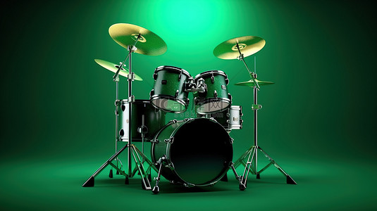 充满活力的绿色背景上黑色专业鼓套件的 3D 渲染