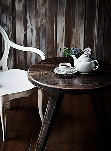 木桌上的白色椅子和茶具