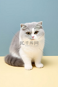 坐着人背景图片_一只坐着的蓝灰色和白色的小猫