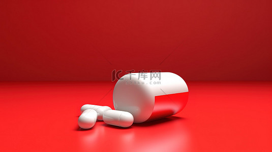 红色背景上红色和白色药丸的药房概念 3D 渲染