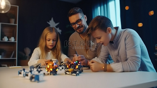 孩子在创作背景图片_一位父亲和他的孩子在机器人课上用 3D 笔创作 3D 艺术作品
