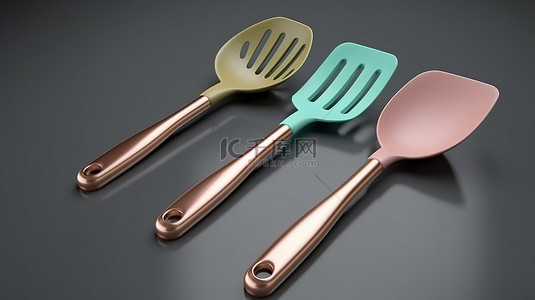 美食中的背景图片_3D 渲染中的铜柄硅胶厨房工具套装
