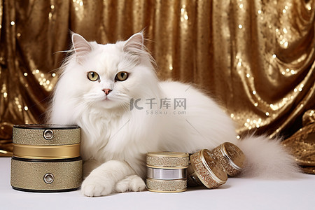 金猫背景图片_一只猫坐在金罐前