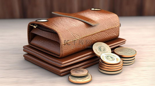 创意货币概念中钱袋硬币堆和信用卡钱包的 3D 渲染