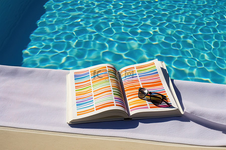 泳池背景图片_游泳池附近的海滩书和白毛巾上的书