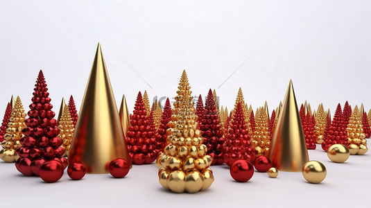 白色背景装饰着金色和红色的锥形圣诞树，在节日期间用彩球渲染 3d